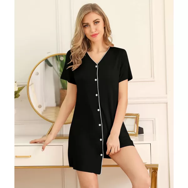 SWOMOG Womens Button Down Nightgown Short Sleeve Nightshirt VNeck Sleepwear Boyfriend Sleepshirt Pajama DressBlack