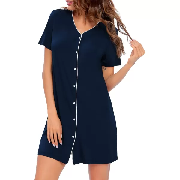 SWOMOG Womens Button Down Nightgown Short Sleeve Nightshirt VNeck Sleepwear Boyfriend Sleepshirt Pajama DressBnavy Blue2