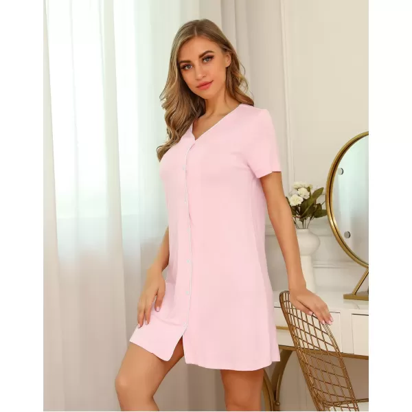 SWOMOG Womens Button Down Nightgown Short Sleeve Nightshirt VNeck Sleepwear Boyfriend Sleepshirt Pajama DressBpink