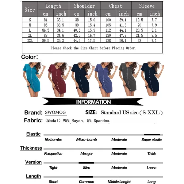 SWOMOG Womens Button Down Nightgown Short Sleeve Nightshirt VNeck Sleepwear Boyfriend Sleepshirt Pajama DressBright Sky Blue Color