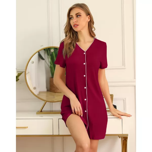 SWOMOG Womens Button Down Nightgown Short Sleeve Nightshirt VNeck Sleepwear Boyfriend Sleepshirt Pajama DressBwine Red