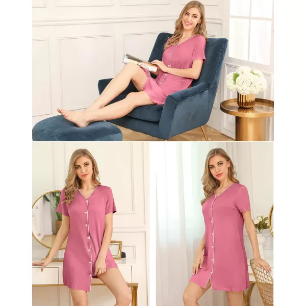 SWOMOG Womens Button Down Nightgown Short Sleeve Nightshirt VNeck Sleepwear Boyfriend Sleepshirt Pajama DressCoral Color