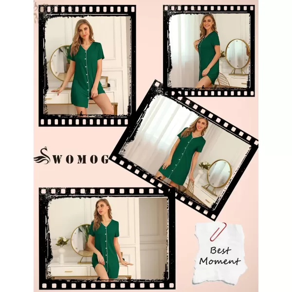 SWOMOG Womens Button Down Nightgown Short Sleeve Nightshirt VNeck Sleepwear Boyfriend Sleepshirt Pajama DressDark Green