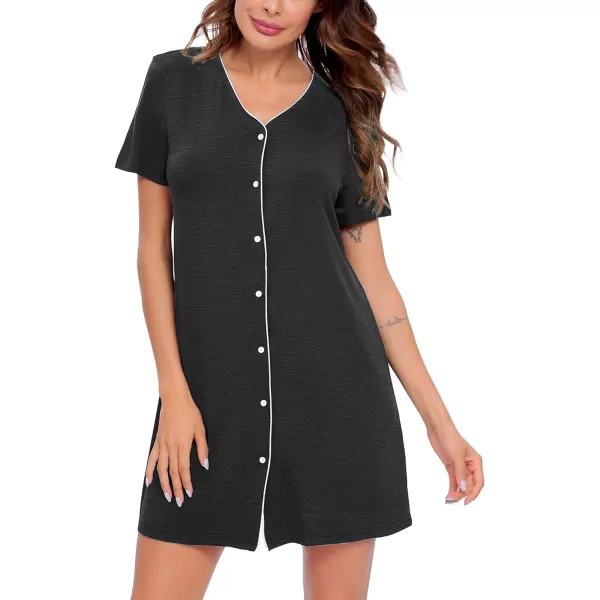 SWOMOG Womens Button Down Nightgown Short Sleeve Nightshirt VNeck Sleepwear Boyfriend Sleepshirt Pajama DressDark Grey