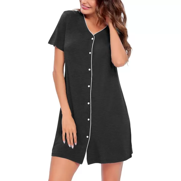 SWOMOG Womens Button Down Nightgown Short Sleeve Nightshirt VNeck Sleepwear Boyfriend Sleepshirt Pajama DressDark Grey