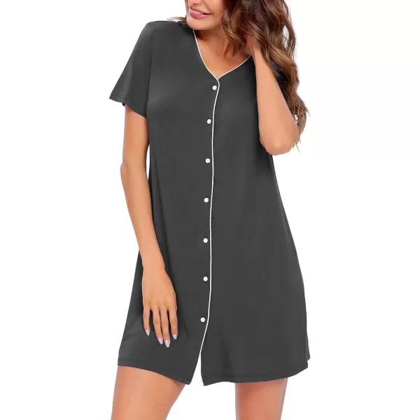 SWOMOG Womens Button Down Nightgown Short Sleeve Nightshirt VNeck Sleepwear Boyfriend Sleepshirt Pajama DressGrey