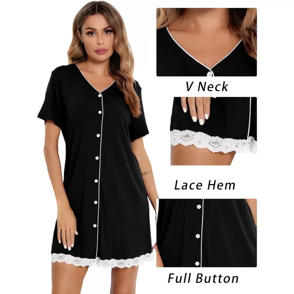 SWOMOG Womens Button Down Nightgown Short Sleeve Nightshirt VNeck Sleepwear Boyfriend Sleepshirt Pajama DressLaceblack