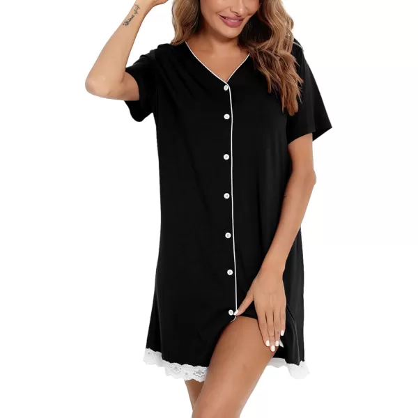 SWOMOG Womens Button Down Nightgown Short Sleeve Nightshirt VNeck Sleepwear Boyfriend Sleepshirt Pajama DressLaceblack