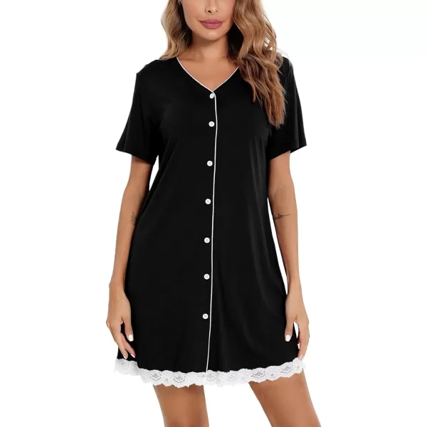 SWOMOG Womens Button Down Nightgown Short Sleeve Nightshirt VNeck Sleepwear Boyfriend Sleepshirt Pajama DressLaceblack