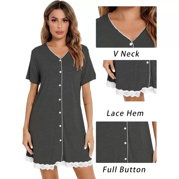 SWOMOG Womens Button Down Nightgown Short Sleeve Nightshirt VNeck Sleepwear Boyfriend Sleepshirt Pajama DressLacedeep Gray