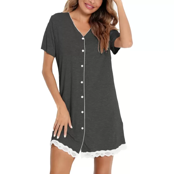 SWOMOG Womens Button Down Nightgown Short Sleeve Nightshirt VNeck Sleepwear Boyfriend Sleepshirt Pajama DressLacedeep Gray