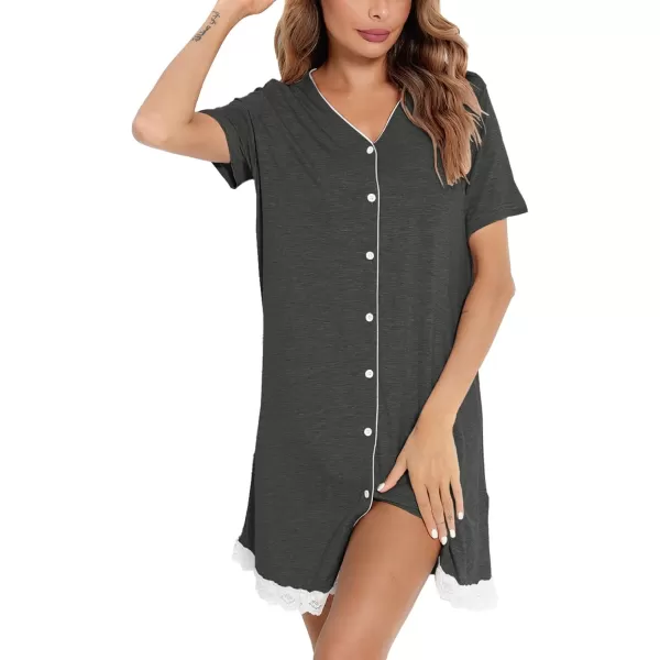 SWOMOG Womens Button Down Nightgown Short Sleeve Nightshirt VNeck Sleepwear Boyfriend Sleepshirt Pajama DressLacedeep Gray