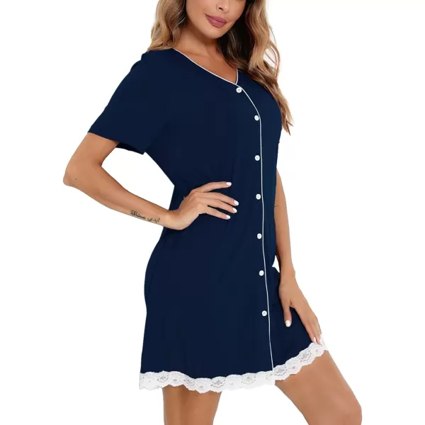 SWOMOG Womens Button Down Nightgown Short Sleeve Nightshirt VNeck Sleepwear Boyfriend Sleepshirt Pajama DressLacenavy Blue