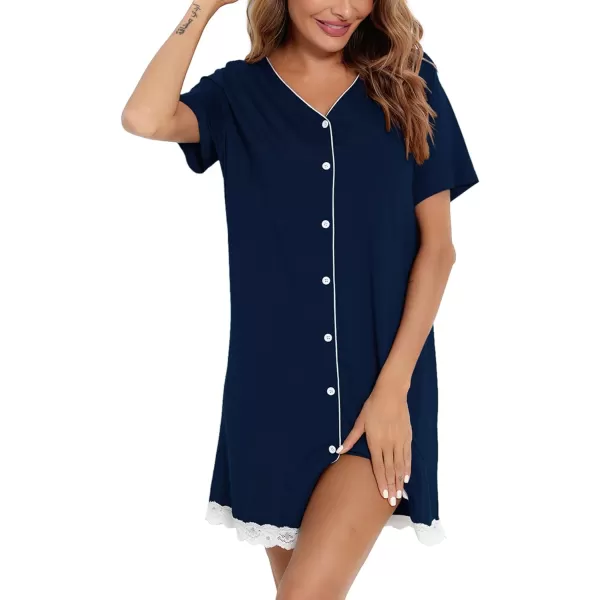 SWOMOG Womens Button Down Nightgown Short Sleeve Nightshirt VNeck Sleepwear Boyfriend Sleepshirt Pajama DressLacenavy Blue