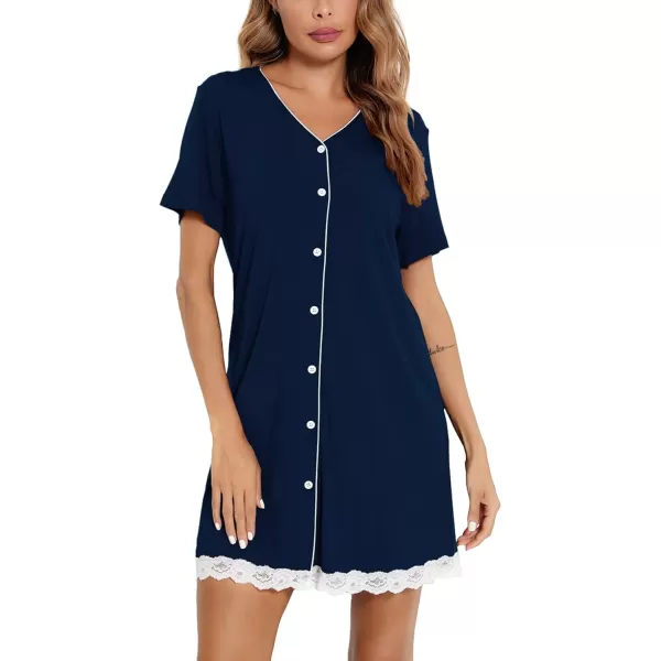 SWOMOG Womens Button Down Nightgown Short Sleeve Nightshirt VNeck Sleepwear Boyfriend Sleepshirt Pajama DressLacenavy Blue