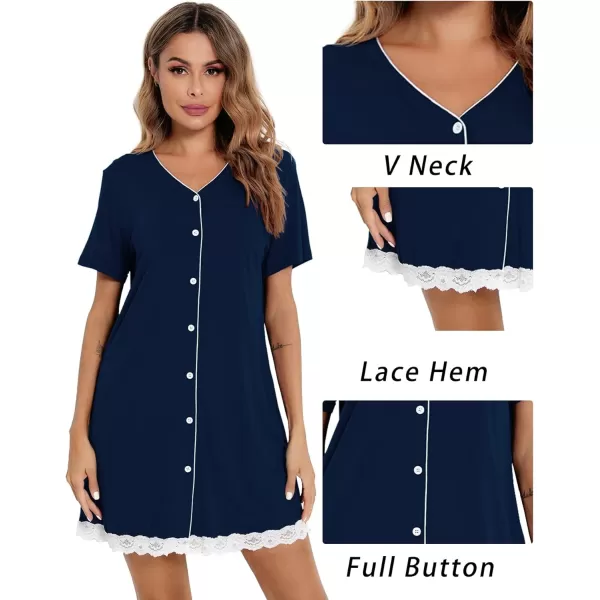 SWOMOG Womens Button Down Nightgown Short Sleeve Nightshirt VNeck Sleepwear Boyfriend Sleepshirt Pajama DressLacenavy Blue