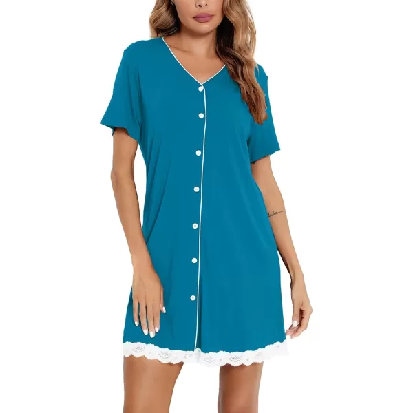 SWOMOG Womens Button Down Nightgown Short Sleeve Nightshirt VNeck Sleepwear Boyfriend Sleepshirt Pajama DressLaceturquoise