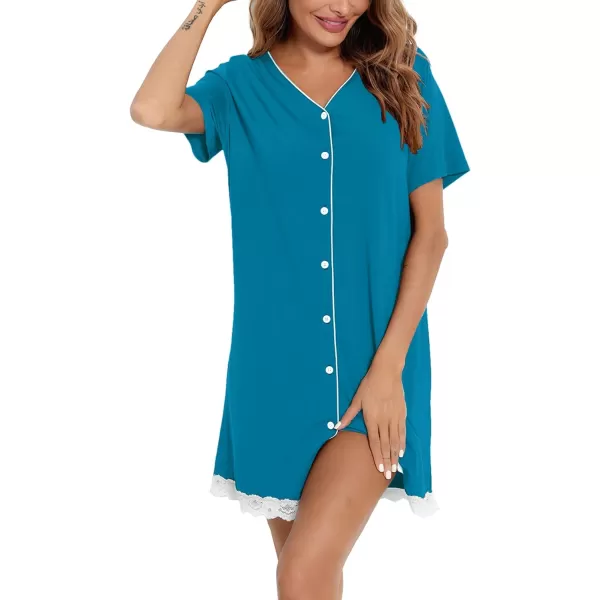 SWOMOG Womens Button Down Nightgown Short Sleeve Nightshirt VNeck Sleepwear Boyfriend Sleepshirt Pajama DressLaceturquoise