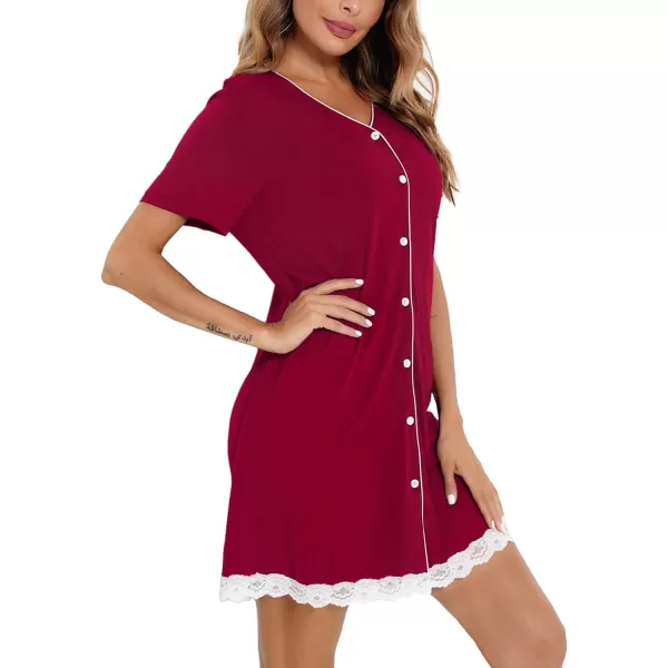 SWOMOG Womens Button Down Nightgown Short Sleeve Nightshirt VNeck Sleepwear Boyfriend Sleepshirt Pajama DressLacewine Red