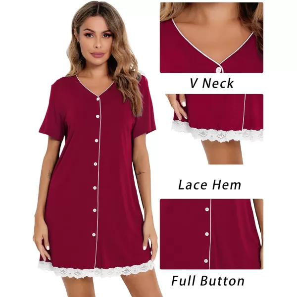 SWOMOG Womens Button Down Nightgown Short Sleeve Nightshirt VNeck Sleepwear Boyfriend Sleepshirt Pajama DressLacewine Red