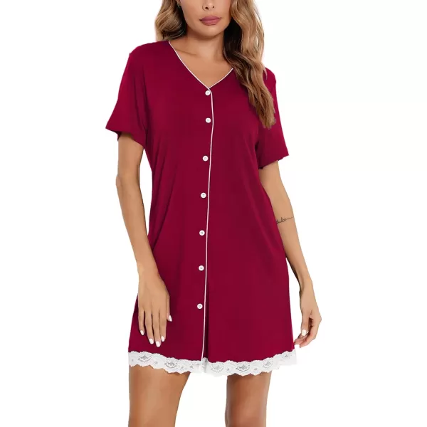 SWOMOG Womens Button Down Nightgown Short Sleeve Nightshirt VNeck Sleepwear Boyfriend Sleepshirt Pajama DressLacewine Red