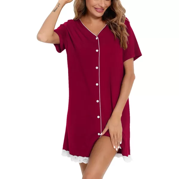 SWOMOG Womens Button Down Nightgown Short Sleeve Nightshirt VNeck Sleepwear Boyfriend Sleepshirt Pajama DressLacewine Red