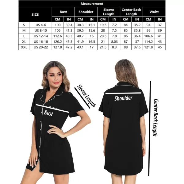 SWOMOG Womens Button Down Nightgown Short Sleeve Nightshirt VNeck Sleepwear Boyfriend Sleepshirt Pajama DressMcollarblack