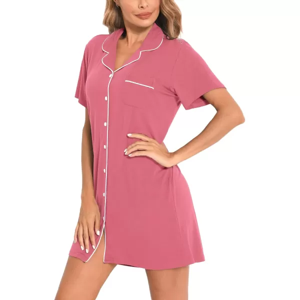 SWOMOG Womens Button Down Nightgown Short Sleeve Nightshirt VNeck Sleepwear Boyfriend Sleepshirt Pajama DressMcollarcoral