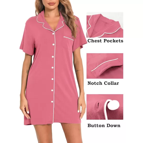 SWOMOG Womens Button Down Nightgown Short Sleeve Nightshirt VNeck Sleepwear Boyfriend Sleepshirt Pajama DressMcollarcoral