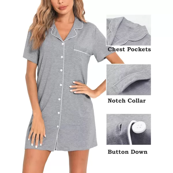 SWOMOG Womens Button Down Nightgown Short Sleeve Nightshirt VNeck Sleepwear Boyfriend Sleepshirt Pajama DressMcollargray