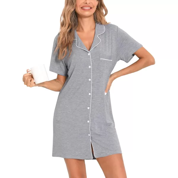 SWOMOG Womens Button Down Nightgown Short Sleeve Nightshirt VNeck Sleepwear Boyfriend Sleepshirt Pajama DressMcollargray