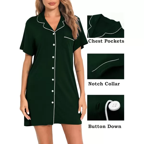 SWOMOG Womens Button Down Nightgown Short Sleeve Nightshirt VNeck Sleepwear Boyfriend Sleepshirt Pajama DressMcollargreen