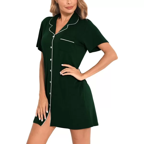 SWOMOG Womens Button Down Nightgown Short Sleeve Nightshirt VNeck Sleepwear Boyfriend Sleepshirt Pajama DressMcollargreen