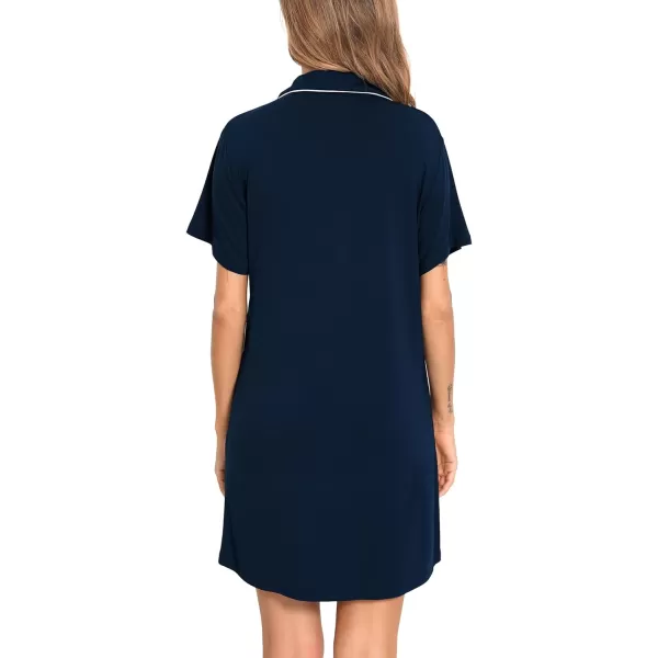 SWOMOG Womens Button Down Nightgown Short Sleeve Nightshirt VNeck Sleepwear Boyfriend Sleepshirt Pajama DressMcollarnavy Blue