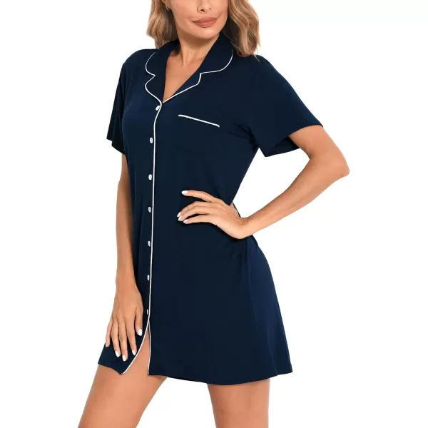 SWOMOG Womens Button Down Nightgown Short Sleeve Nightshirt VNeck Sleepwear Boyfriend Sleepshirt Pajama DressMcollarnavy Blue