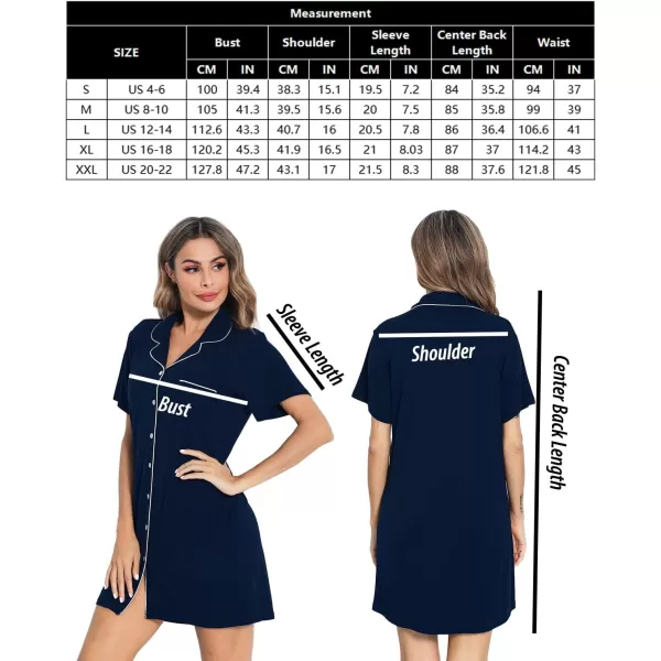 SWOMOG Womens Button Down Nightgown Short Sleeve Nightshirt VNeck Sleepwear Boyfriend Sleepshirt Pajama DressMcollarnavy Blue