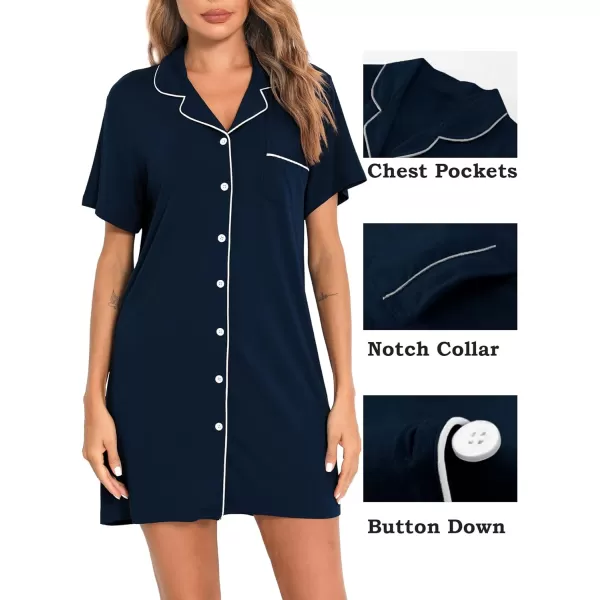 SWOMOG Womens Button Down Nightgown Short Sleeve Nightshirt VNeck Sleepwear Boyfriend Sleepshirt Pajama DressMcollarnavy Blue