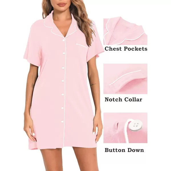 SWOMOG Womens Button Down Nightgown Short Sleeve Nightshirt VNeck Sleepwear Boyfriend Sleepshirt Pajama DressMcollarpink