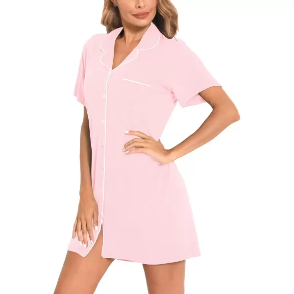 SWOMOG Womens Button Down Nightgown Short Sleeve Nightshirt VNeck Sleepwear Boyfriend Sleepshirt Pajama DressMcollarpink