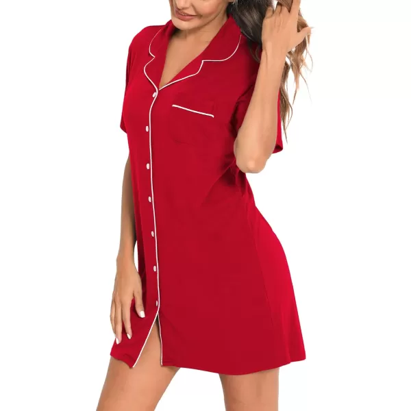 SWOMOG Womens Button Down Nightgown Short Sleeve Nightshirt VNeck Sleepwear Boyfriend Sleepshirt Pajama DressMcollarred