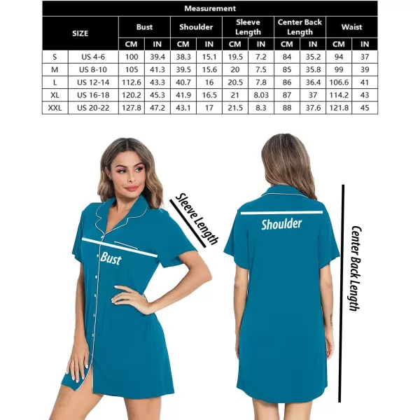 SWOMOG Womens Button Down Nightgown Short Sleeve Nightshirt VNeck Sleepwear Boyfriend Sleepshirt Pajama DressMcollarturquoise