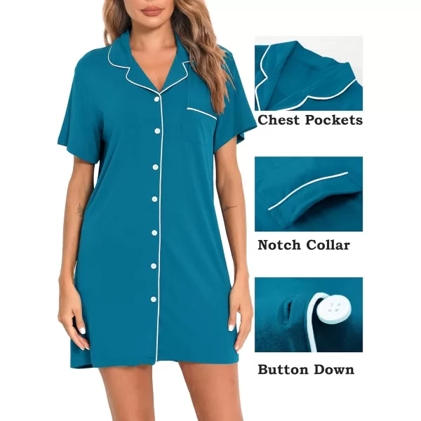 SWOMOG Womens Button Down Nightgown Short Sleeve Nightshirt VNeck Sleepwear Boyfriend Sleepshirt Pajama DressMcollarturquoise