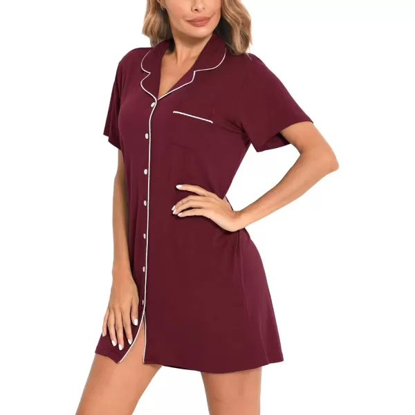 SWOMOG Womens Button Down Nightgown Short Sleeve Nightshirt VNeck Sleepwear Boyfriend Sleepshirt Pajama DressMcollarwine Red