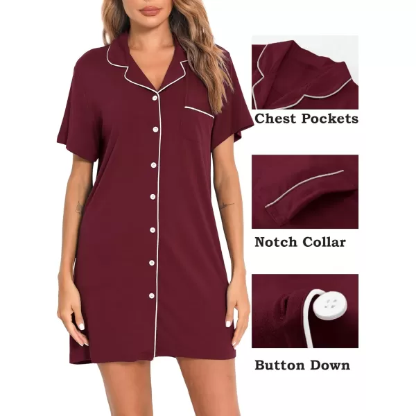 SWOMOG Womens Button Down Nightgown Short Sleeve Nightshirt VNeck Sleepwear Boyfriend Sleepshirt Pajama DressMcollarwine Red