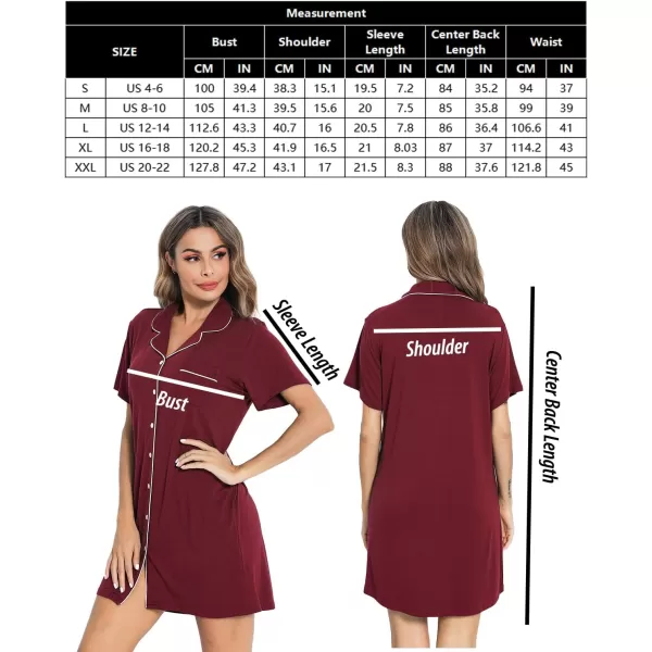 SWOMOG Womens Button Down Nightgown Short Sleeve Nightshirt VNeck Sleepwear Boyfriend Sleepshirt Pajama DressMcollarwine Red