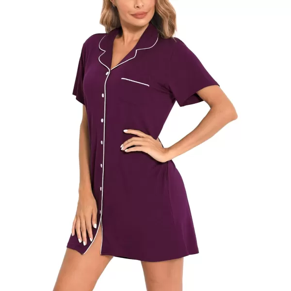 SWOMOG Womens Button Down Nightgown Short Sleeve Nightshirt VNeck Sleepwear Boyfriend Sleepshirt Pajama DressMcollarwineberry