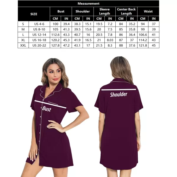 SWOMOG Womens Button Down Nightgown Short Sleeve Nightshirt VNeck Sleepwear Boyfriend Sleepshirt Pajama DressMcollarwineberry