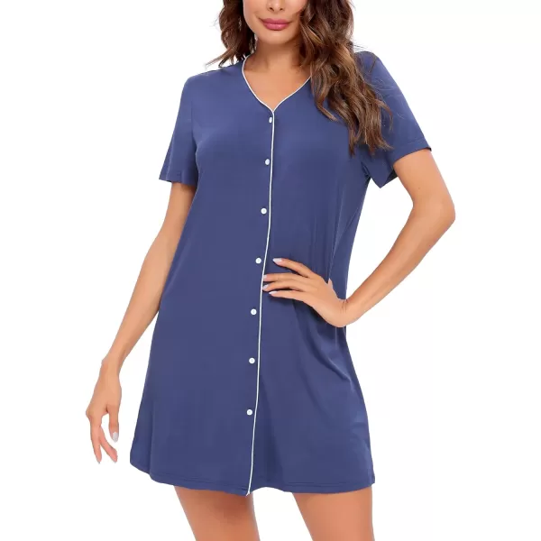 SWOMOG Womens Button Down Nightgown Short Sleeve Nightshirt VNeck Sleepwear Boyfriend Sleepshirt Pajama DressNavy Blue1