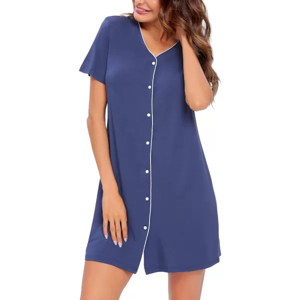 SWOMOG Womens Button Down Nightgown Short Sleeve Nightshirt VNeck Sleepwear Boyfriend Sleepshirt Pajama DressNavy Blue1