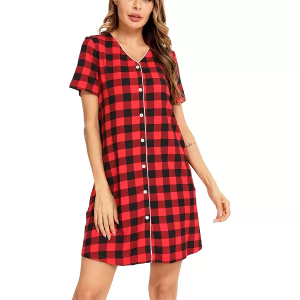 SWOMOG Womens Button Down Nightgown Short Sleeve Nightshirt VNeck Sleepwear Boyfriend Sleepshirt Pajama DressRblack Red Plaid